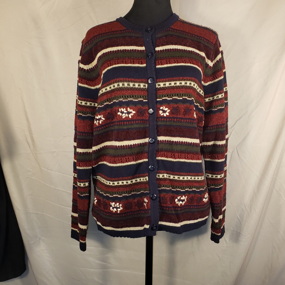 Northern Traditions Elegant Striped Cardigan with Floral/Leaf Accents - M